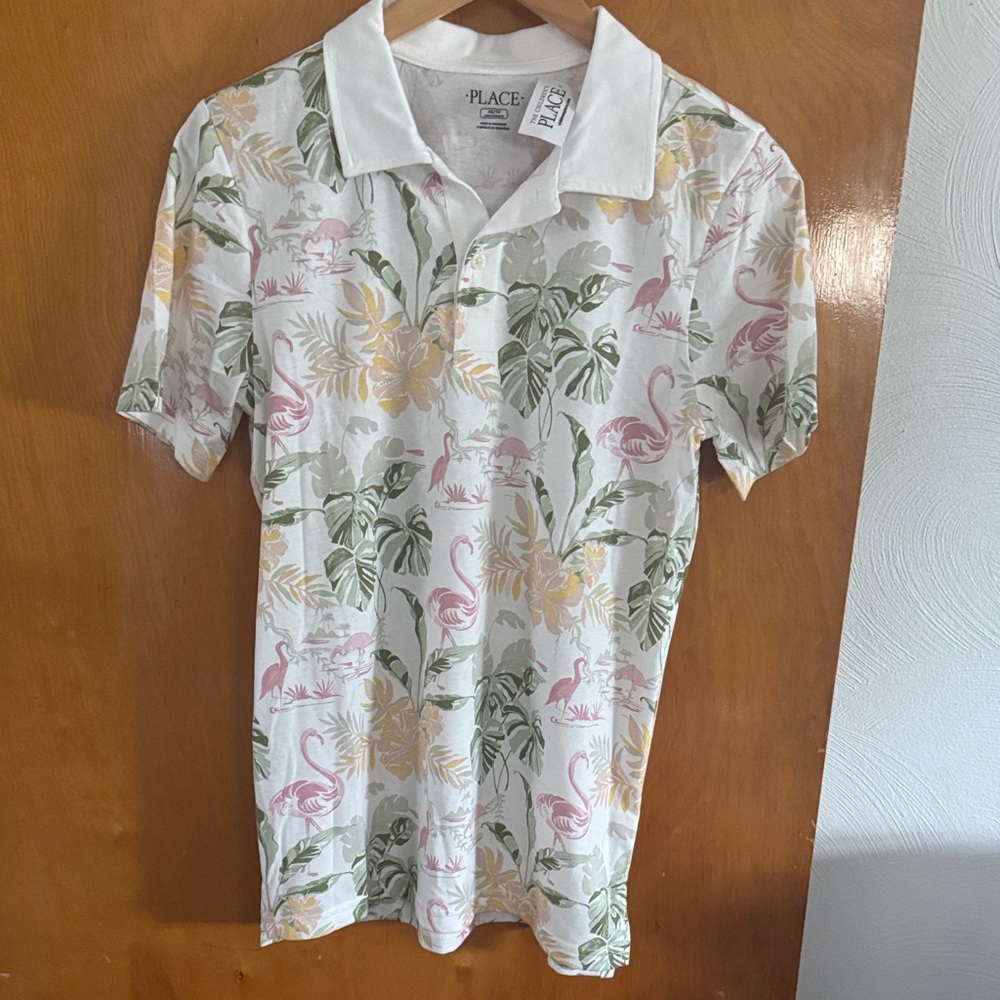 Pink Flamingo Polo Shirt Mens XS White Knit